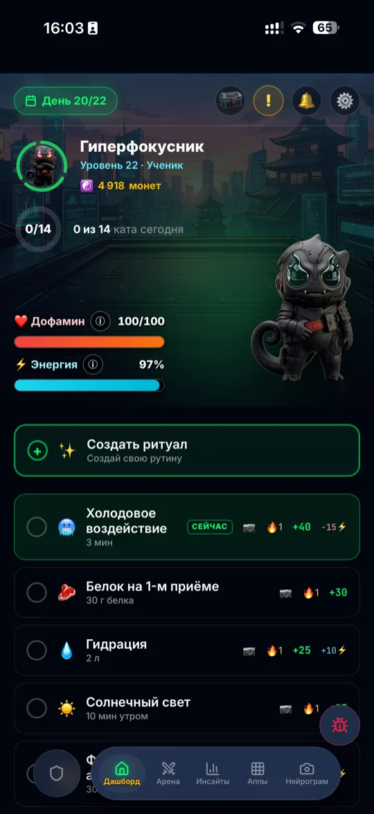 Главный экран: энергия, дофамин, ритуалы